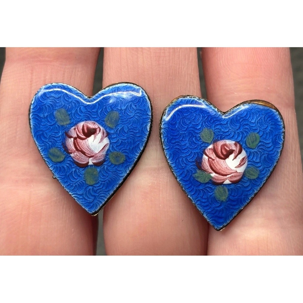 Vintage Guilloche Enamel Heart Blue Pink Rose Screw Back Earrings Silver Tone